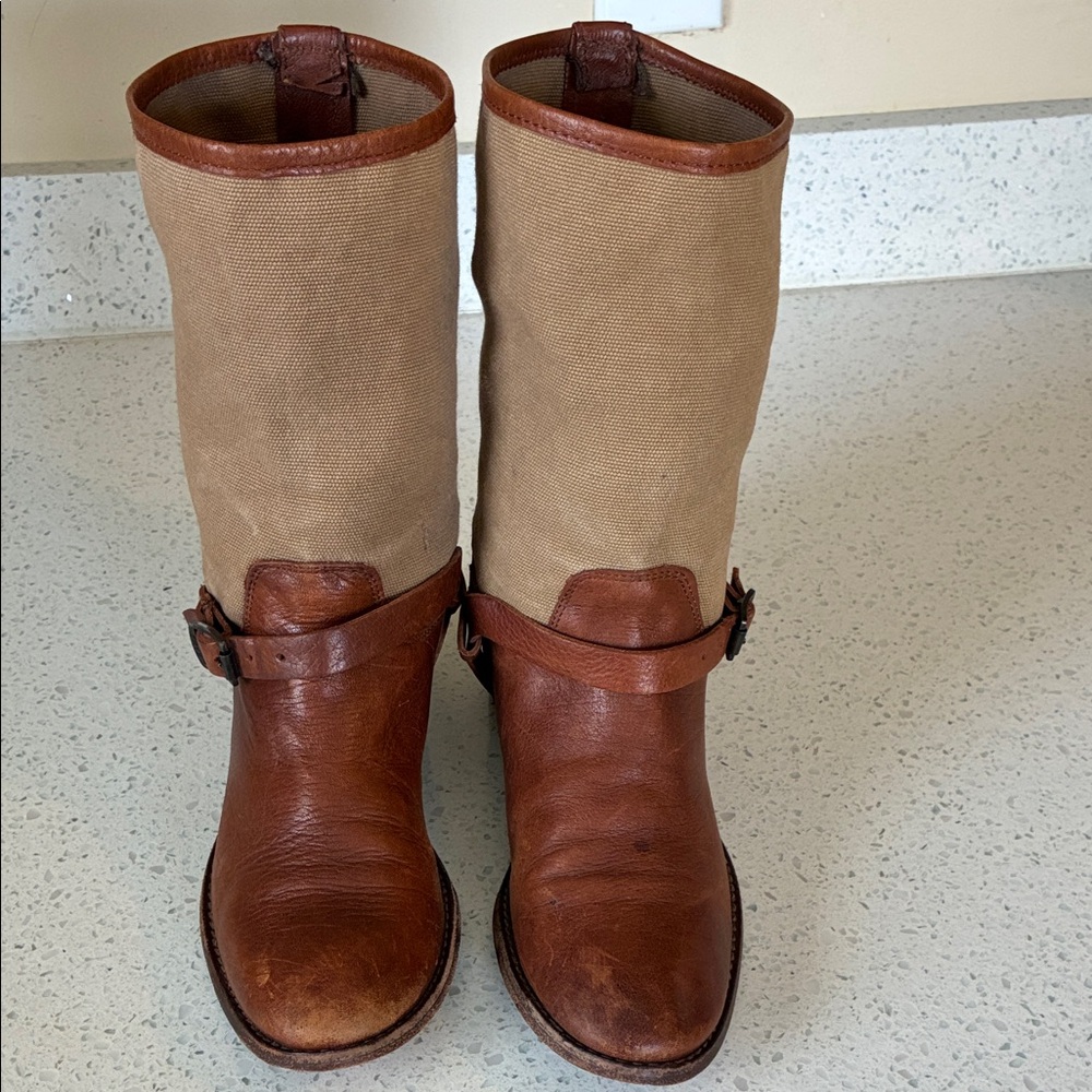 Frye Brown and Tan Leather Moto Boots